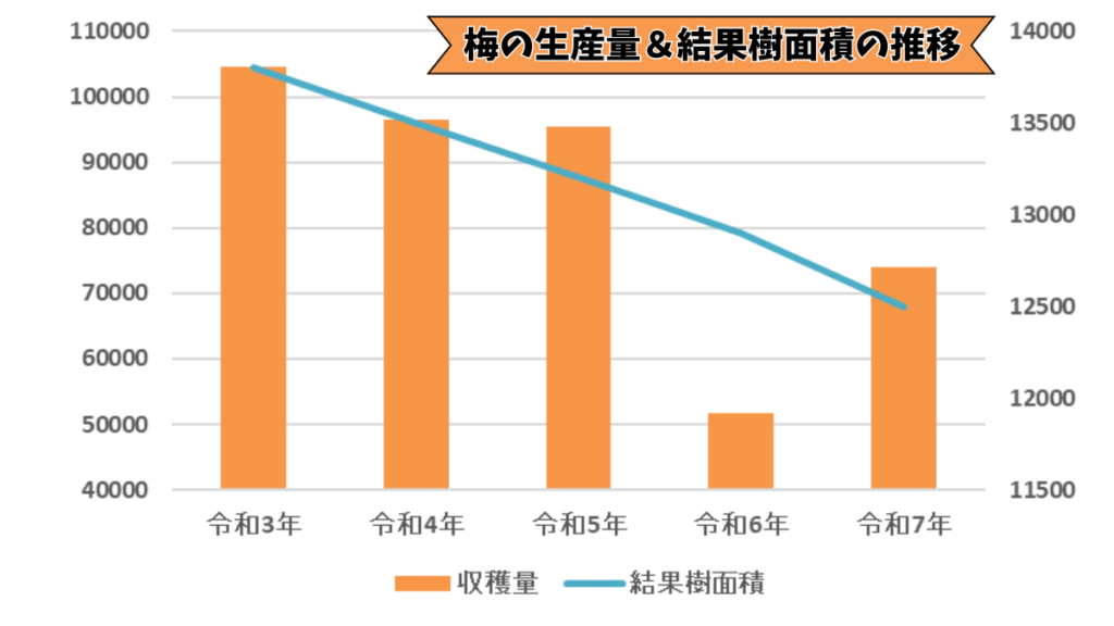 梅の生産量＆結果樹面積の推移